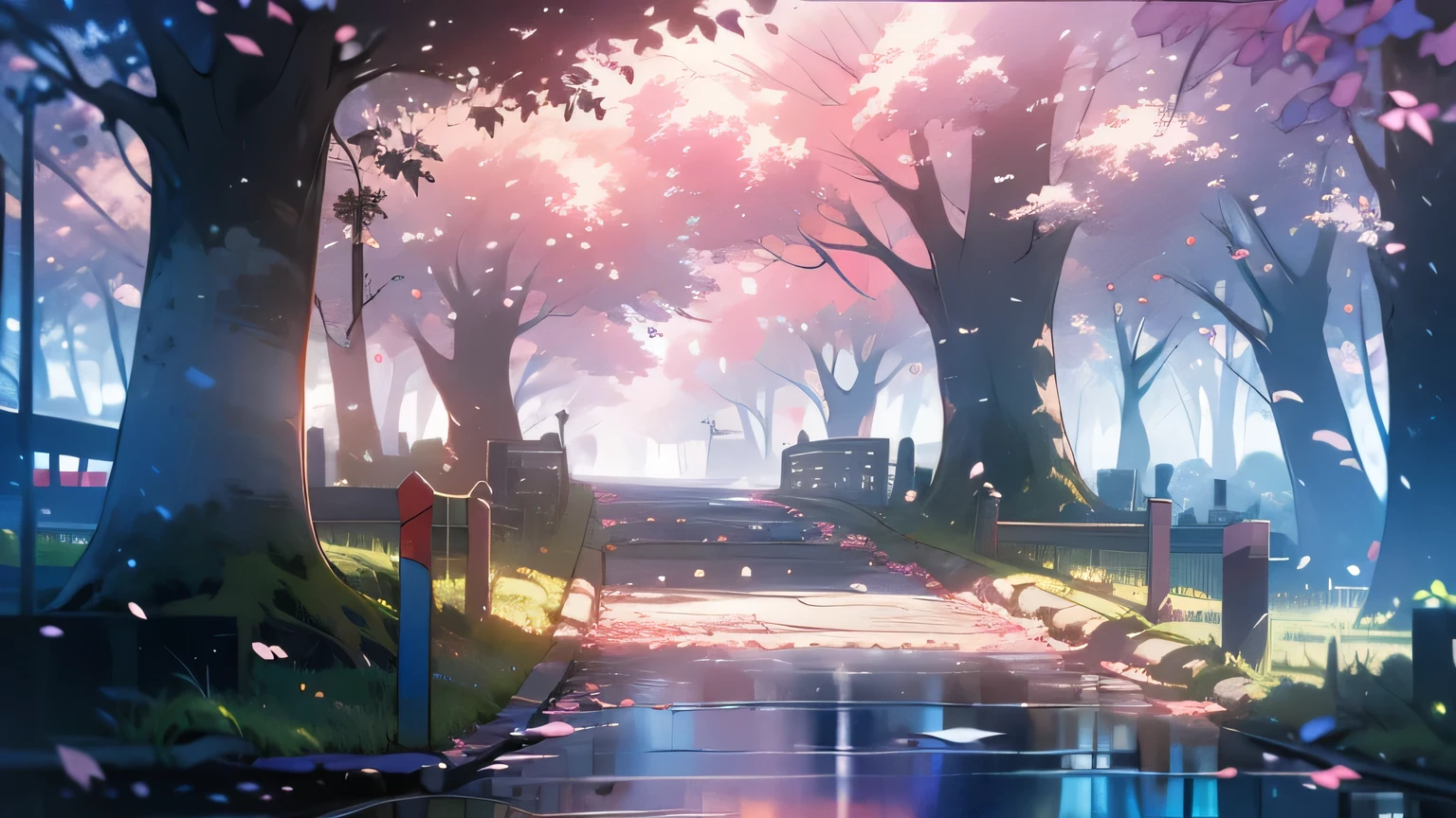Masterpiece, Best Quality, ultra detailed, illustration, wide angle, The road in the middle and the pink cherry trees on the side of the road, neon lights, composition, balance, harmony, rhythm, color, light, ombre, reflection, refraction, application, contrast, foreground, middle ground, bottom, Naturalist, Figurative, Figurative.