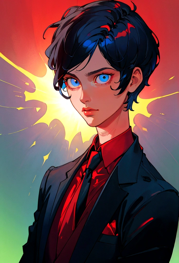 (Artwork, best quality) ,close shot, 1 man, short cut hair, wearning a suit , dark blue eye, gradient red background, sunlight, masterpiece, digital art, effects light, vibrant colors
