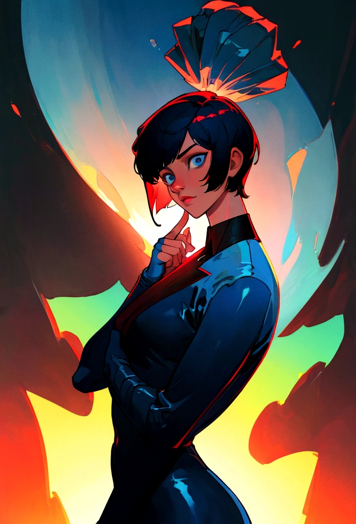 (Artwork, best quality) ,close shot, 1 man, short cut hair, wearning a suit , dark blue eye, gradient red background, sunlight, masterpiece, digital art, effects light, vibrant colors
