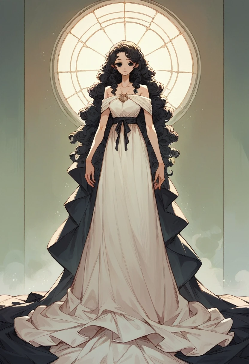1girl, long and curly hair, tall, long dress, big black eyes