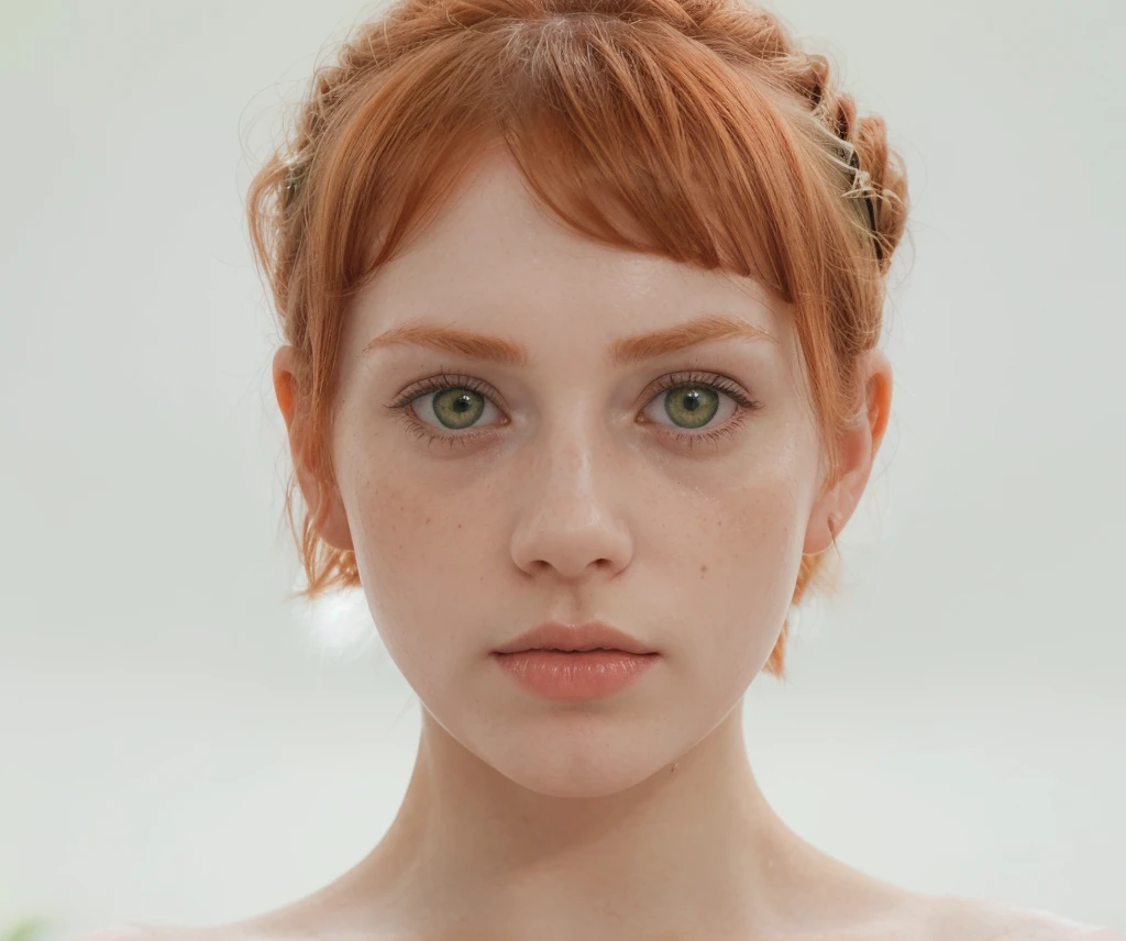 white redhead, woman named Lagertha, ((( very pale skin ))), ((( very light green eyes ))), ((( orange short hair arranged in a bun with bangs ))), lovely and beautiful serious face, freckles, wonderful and perfect realistic naked body, perfect naked small breasts, perfect pointy nipples, realistic naked vagina, realistic labia, perfect bright red lips with bright red lipstick, white background, ((( direct bright lighting in her entire body ))), ((( extremely blushed cheeks ))), ((( bright green iris ))), ((( extreme thin lips ))), (((small lips )))