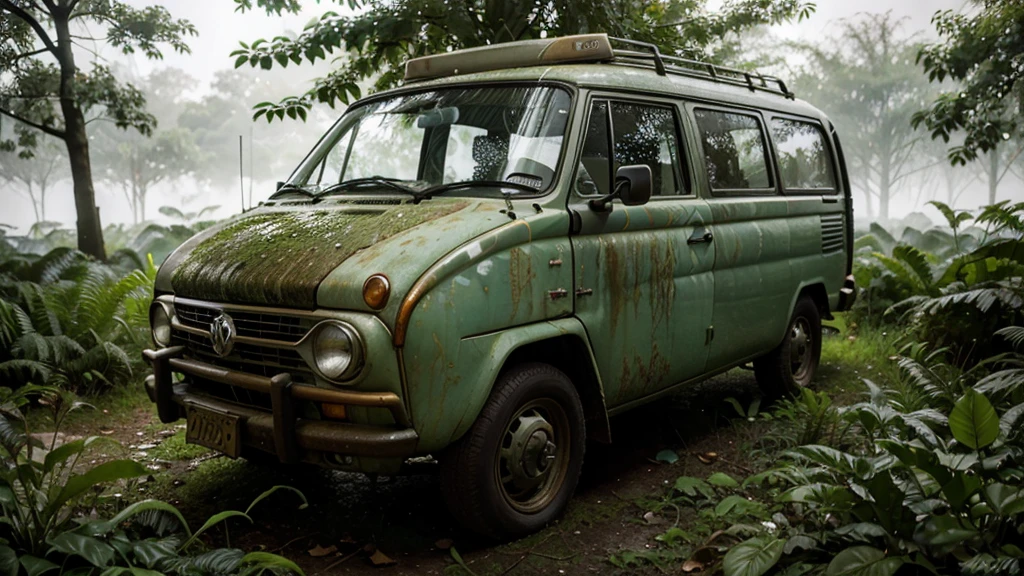 a highly detailed isometric shot of an abandoned 1970s volkswagen van in an overgrown garden, hyperrealistic, ultra-detailed, vibrant colors, realistic lighting, cinematic composition, dramatic shadows and lighting, photorealistic, volumetric fog, detailed foliage and overgrown plants, moss-covered surfaces, weathered and rusted textures, depth of field, bokeh, award-winning photograph