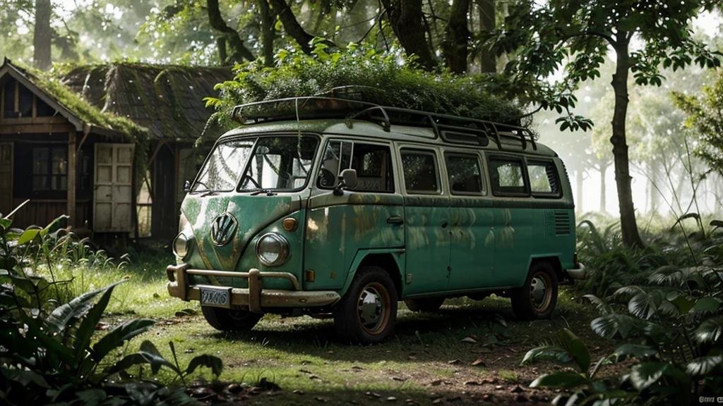 a highly detailed isometric shot of an abandoned 1970s volkswagen van in an overgrown garden, hyperrealistic, ultra-detailed, vibrant colors, realistic lighting, cinematic composition, dramatic shadows and lighting, photorealistic, volumetric fog, detailed foliage and overgrown plants, moss-covered surfaces, weathered and rusted textures, depth of field, bokeh, award-winning photograph
