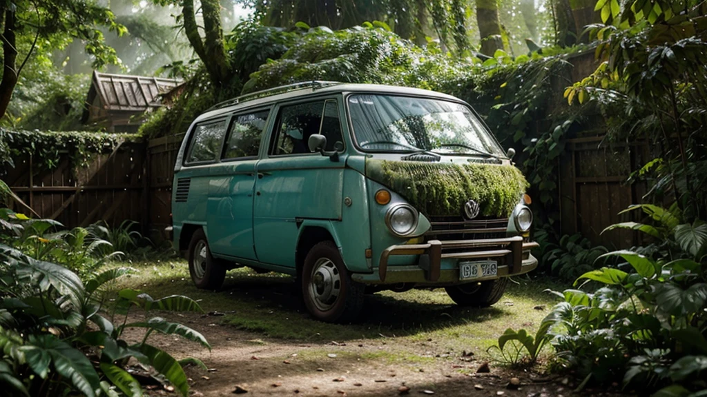 a highly detailed isometric shot of an abandoned 1970s volkswagen van in an overgrown garden, hyperrealistic, ultra-detailed, vibrant colors, realistic lighting, cinematic composition, dramatic shadows and lighting, photorealistic, volumetric fog, detailed foliage and overgrown plants, moss-covered surfaces, weathered and rusted textures, depth of field, bokeh, award-winning photograph