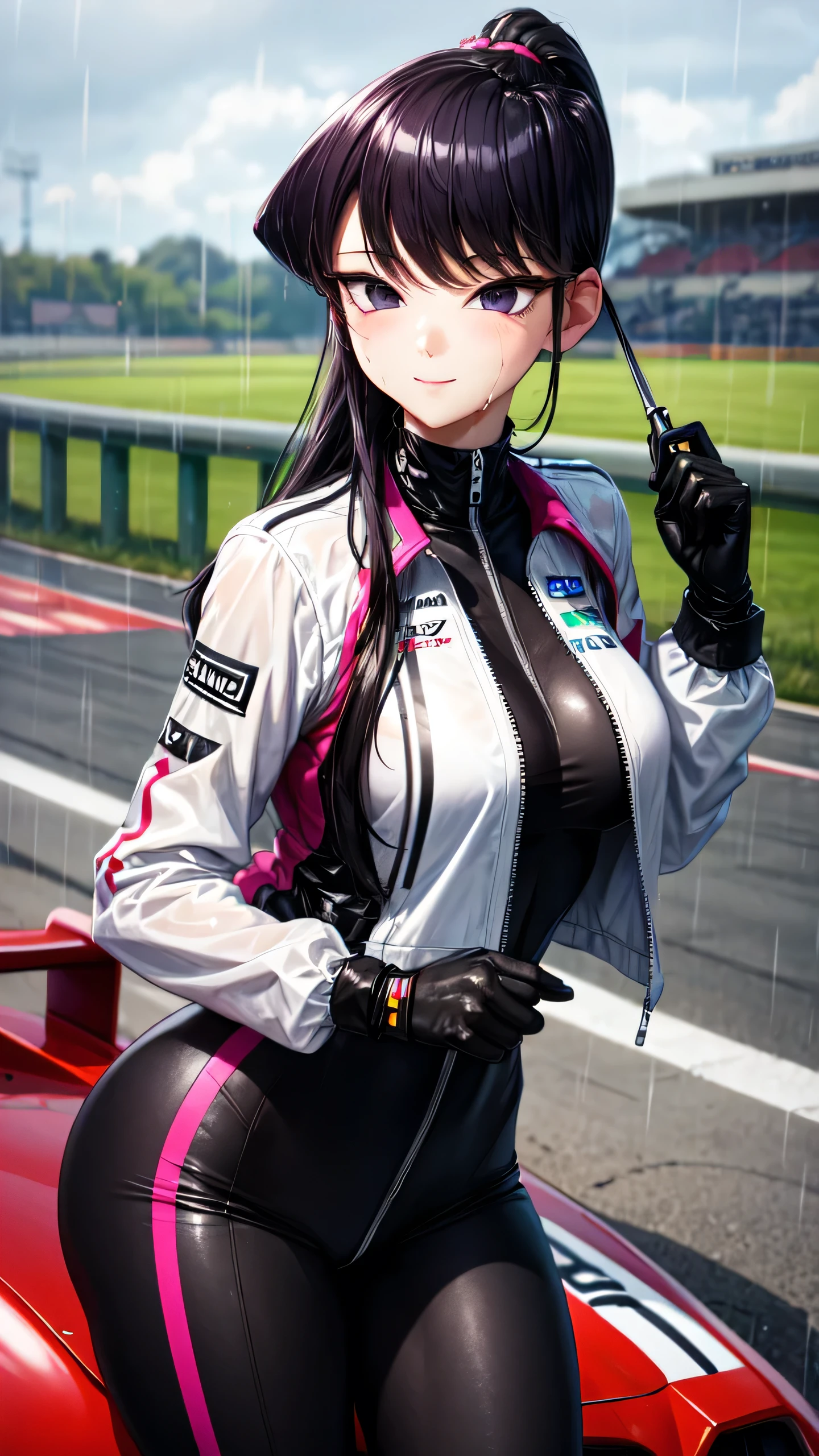 ((perfect hands)), ((perfect anatomy)), (((komi_shouko))), purple hair, ponytail, purple eyes, large breast, wet body, sports racing car, race track background, smiling, Porsche, heavy rain, gray sky, detailed hair, sit, 1girl, closed mouth black bodysuit, cropped jacket, white jacket, long sleeves, two-tone gloves, thigh boots, close up