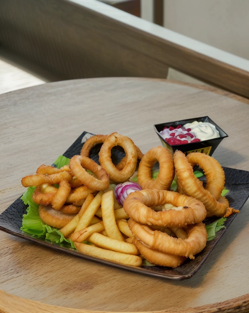 (very sharp result) (((textile shading))), (((Best Quality))), hyper realistic detailed food photography, (texture detailed exposed) ultra high definition (masterpiece 1.2) (food porn) a neat presentation of a tasty & delicious a tasty meal of fries and onion rings served on a wooden table.