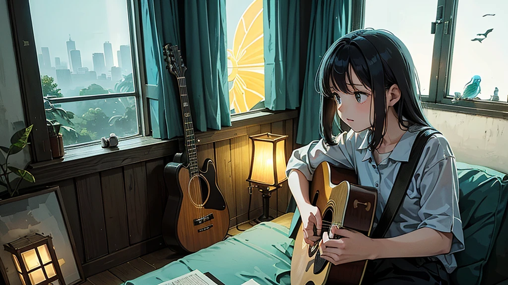 In a very dark room、In a place where the light shines fantastically from behind、A girl around 15 years old is playing the guitar and looking out the window.。In the background is a large window and a budgerigar and Vietnam flags。