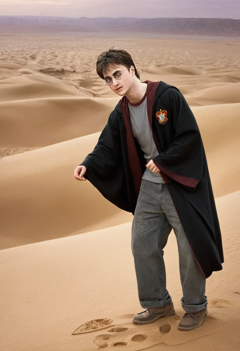 Harry Potter, sueur abondante, goutte de sueur sur le front, haletant, dans un désert, (Image 4K) (la plus haute qualité)