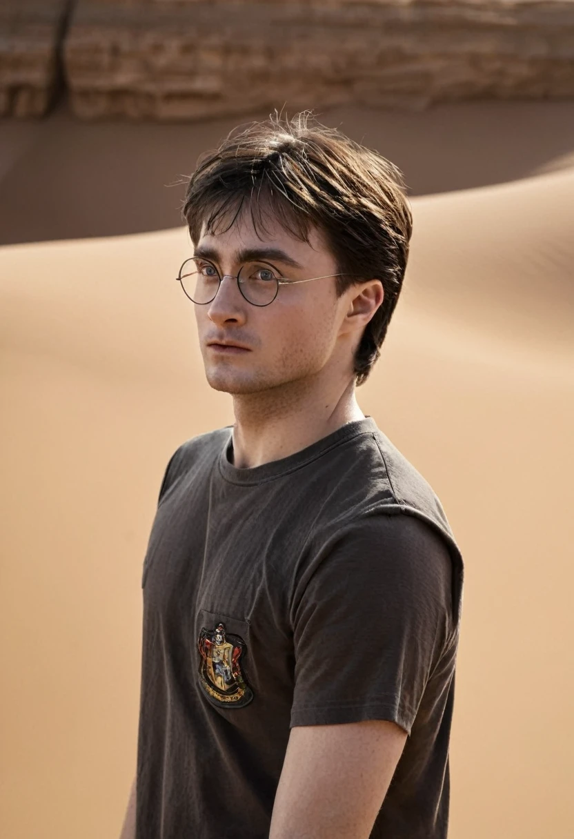 Harry Potter, sueur abondante, goutte de sueur sur le front, haletant, dans un désert, (Image 4K) (la plus haute qualité)