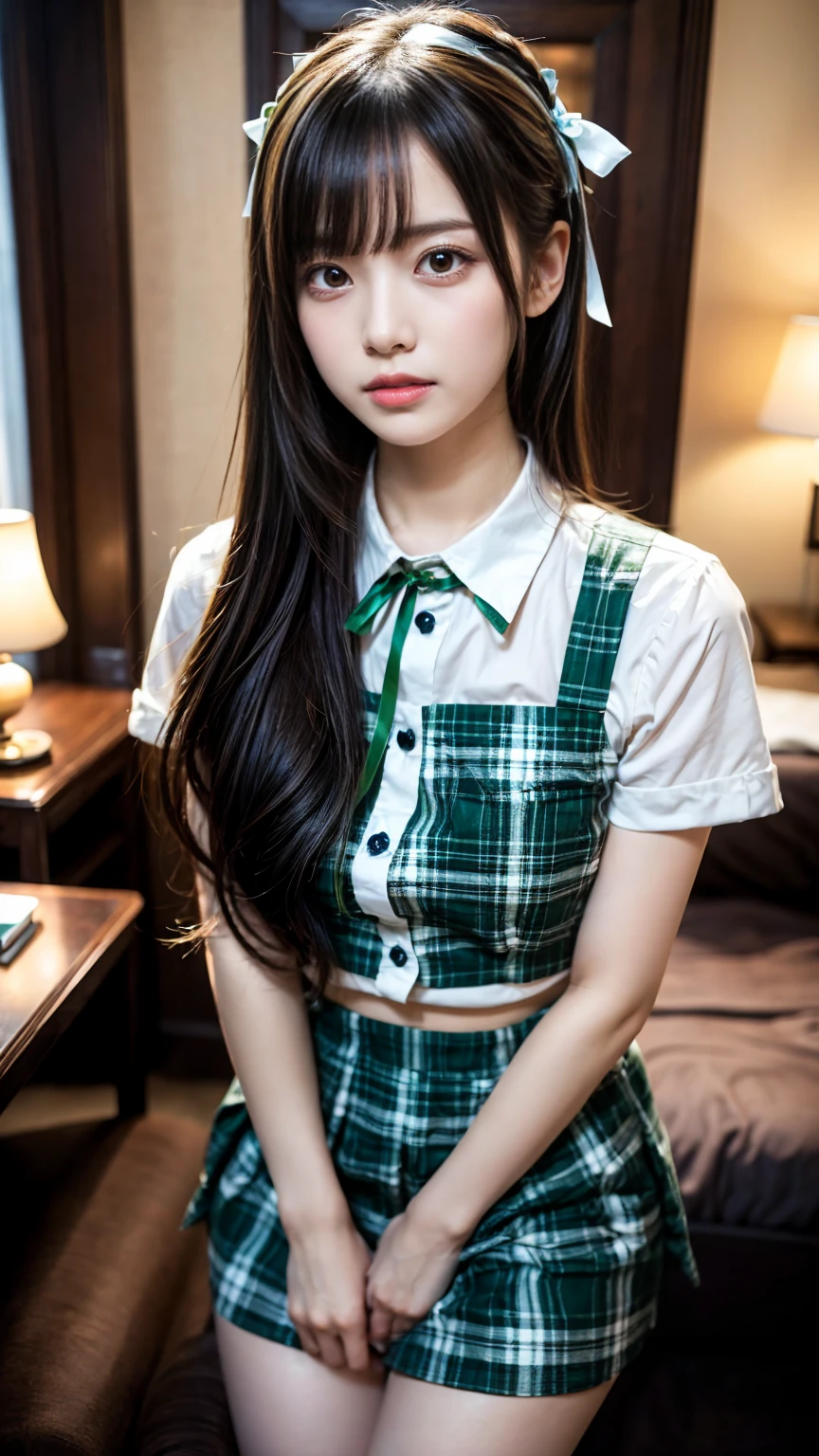 masterpiece, best quality, illustration, Super detailed, fine details, High resolution, 8K,wall paper, perfect dynamic composition,(Details High quality, realistic depiction of eyes:1.3), straight hair, ,white shirt), green plaid short skirt, green ribbon, black hair color, Big Natural Color Lip, hotel room, crying a little、 Harajuku style、20 year old girl、cute type、ta, Gravure Idol, full body photo、focus on crotch, huge breasts