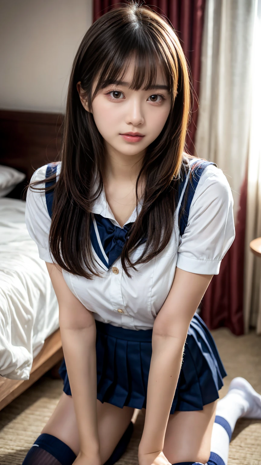masterpiece, Best Quality, 8K, 20 yo, huge breasts, cuddly, Solo, sad, Cute, Girly, Delicate girl, Neat and clean beauty, Raw photo, Professional Photography, Portrait, Soft light, Professional Lighting, Back lighting, Upper body, front view, (on all fours, hotel room), Sophisticated, Film grain, (Eyes and faces with detailed:1.0), short length floating hair, beautiful flowing hair, bangs, High school girl uniform、Super Short Check Uniform Skirt、Navy blue high socks, Colossal tits、Don't expose it, expresses the roundness and softness of your chest., Protruding big, Erotic shorts, Standing Elegantly、Voluptuous thighs
