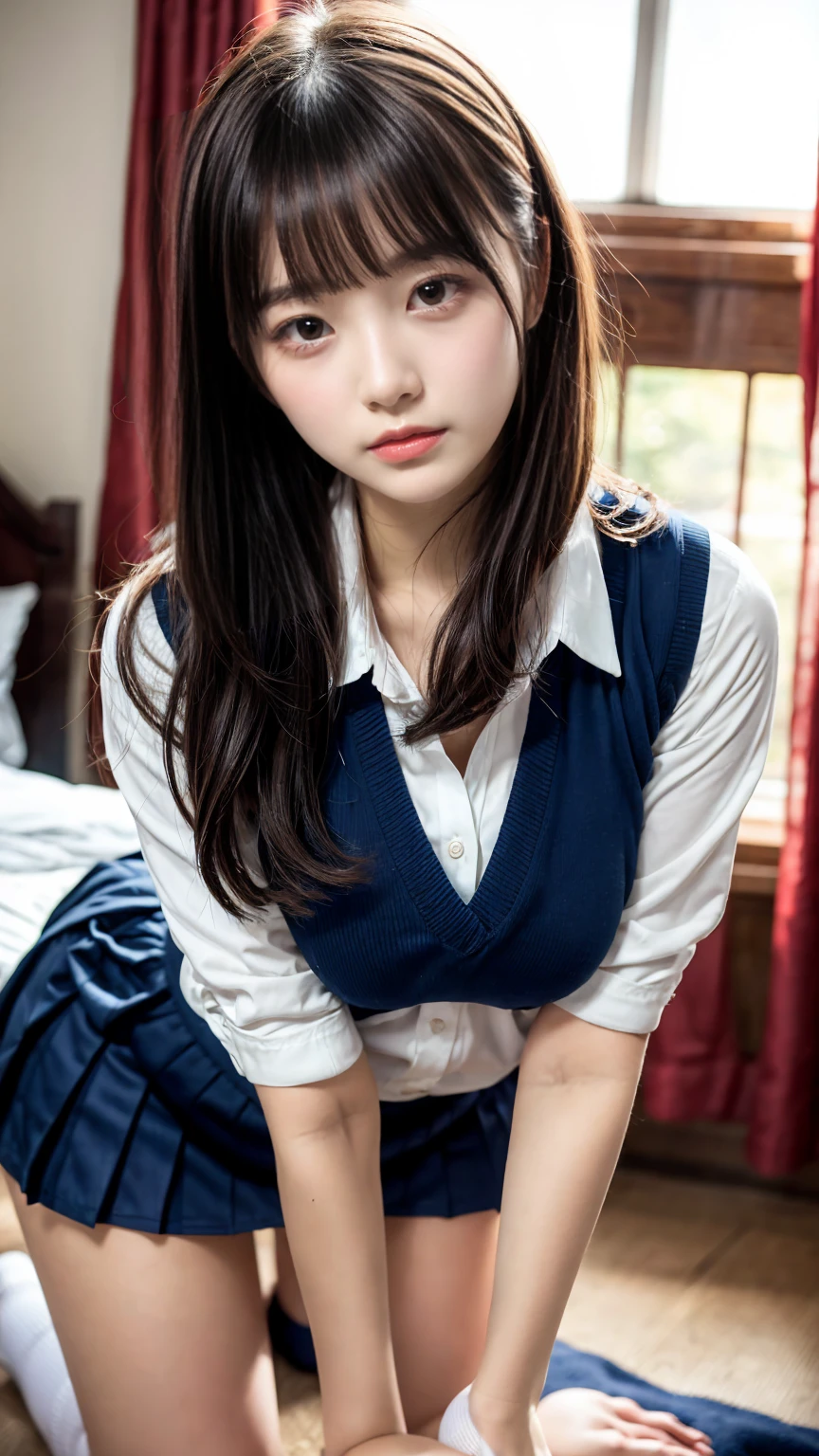 masterpiece, Best Quality, 8K, 20 yo, ????????????, cuddly, Solo, sad, Cute, Girly, Delicate girl, Neat and clean beauty,  Raw photo, Professional Photography, Portrait, Soft light, Professional Lighting, Back lighting, Upper body, front view, (????????????, hotel room), Sophisticated, Film grain, (Eyes and faces with detailed:1.0), short length floating hair, beautiful flowing hair, bangs, High school girl uniform、Super Short Check Uniform Skirt、Navy blue high socks, Colossal ????、Don't expose it, expresses the roundness and softness of your ?????., Protruding big, ?????? shorts, Standing Elegantly、Voluptuous thighs