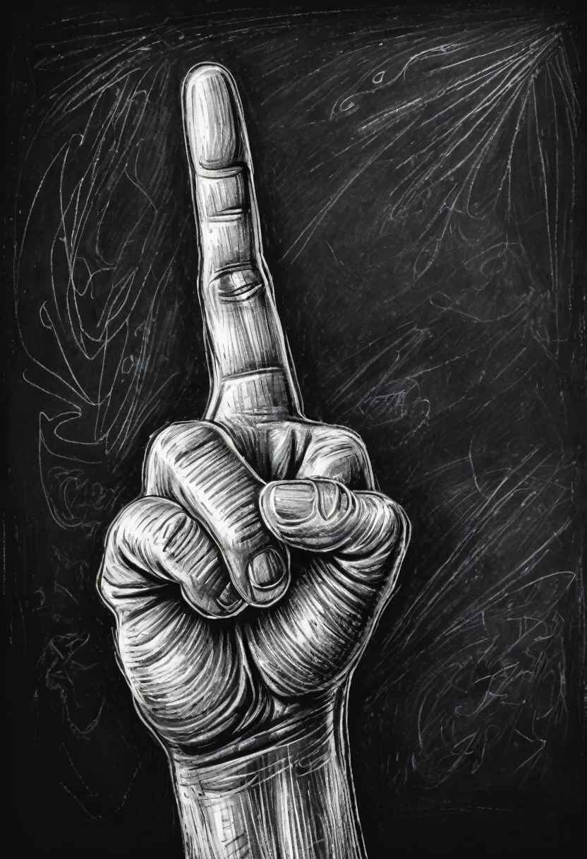 Hand showing middle finger gesture, sketching, drawing with white chalk on black board background. Detailed textures and lines, realistic style.