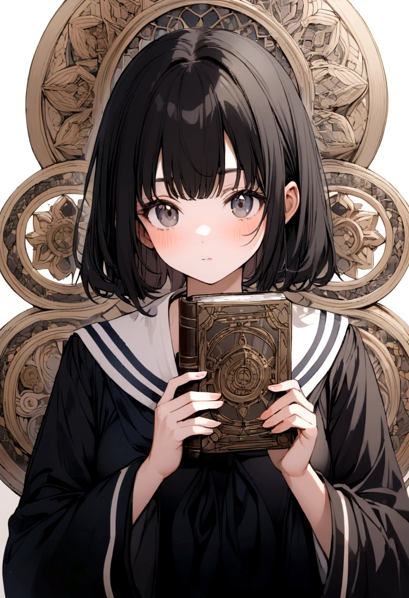 A black haired girl wearing a sailor fuku while holding a book in her hands while the background was white 