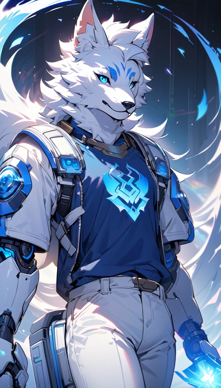 work of art, Exquisite and detailed, 4K, 8K, high resolution, furry kemono commission style, design of character, high-tech fantasy style, furry wolf, white fur, long white hair with blue details, open white jacket, blue T-shirt, White pants, robotic arms floating next to his shoulder, a cute little robot floating above his head, blue flame effect surrounding him in the background, details about clothes, dynamic light , no back ground, highy detailed