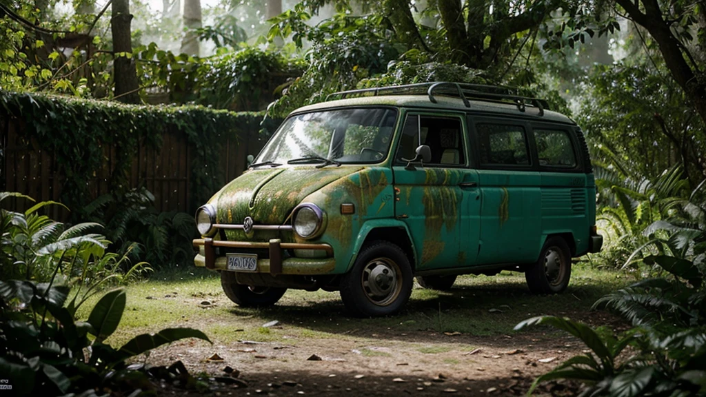 a highly detailed isometric shot of an abandoned 1970s volkswagen van in an overgrown garden, hyperrealistic, ultra-detailed, vibrant colors, realistic lighting, cinematic composition, dramatic shadows and lighting, photorealistic, volumetric fog, detailed foliage and overgrown plants, moss-covered surfaces, weathered and rusted textures, depth of field, bokeh, award-winning photograph