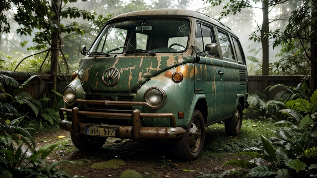 a highly detailed isometric shot of an abandoned 1970s volkswagen van in an overgrown garden, hyperrealistic, ultra-detailed, vibrant colors, realistic lighting, cinematic composition, dramatic shadows and lighting, photorealistic, volumetric fog, detailed foliage and overgrown plants, moss-covered surfaces, weathered and rusted textures, depth of field, bokeh, award-winning photograph