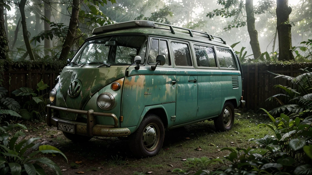 a highly detailed isometric shot of an abandoned 1970s volkswagen van in an overgrown garden, hyperrealistic, ultra-detailed, vibrant colors, realistic lighting, cinematic composition, dramatic shadows and lighting, photorealistic, volumetric fog, detailed foliage and overgrown plants, moss-covered surfaces, weathered and rusted textures, depth of field, bokeh, award-winning photograph