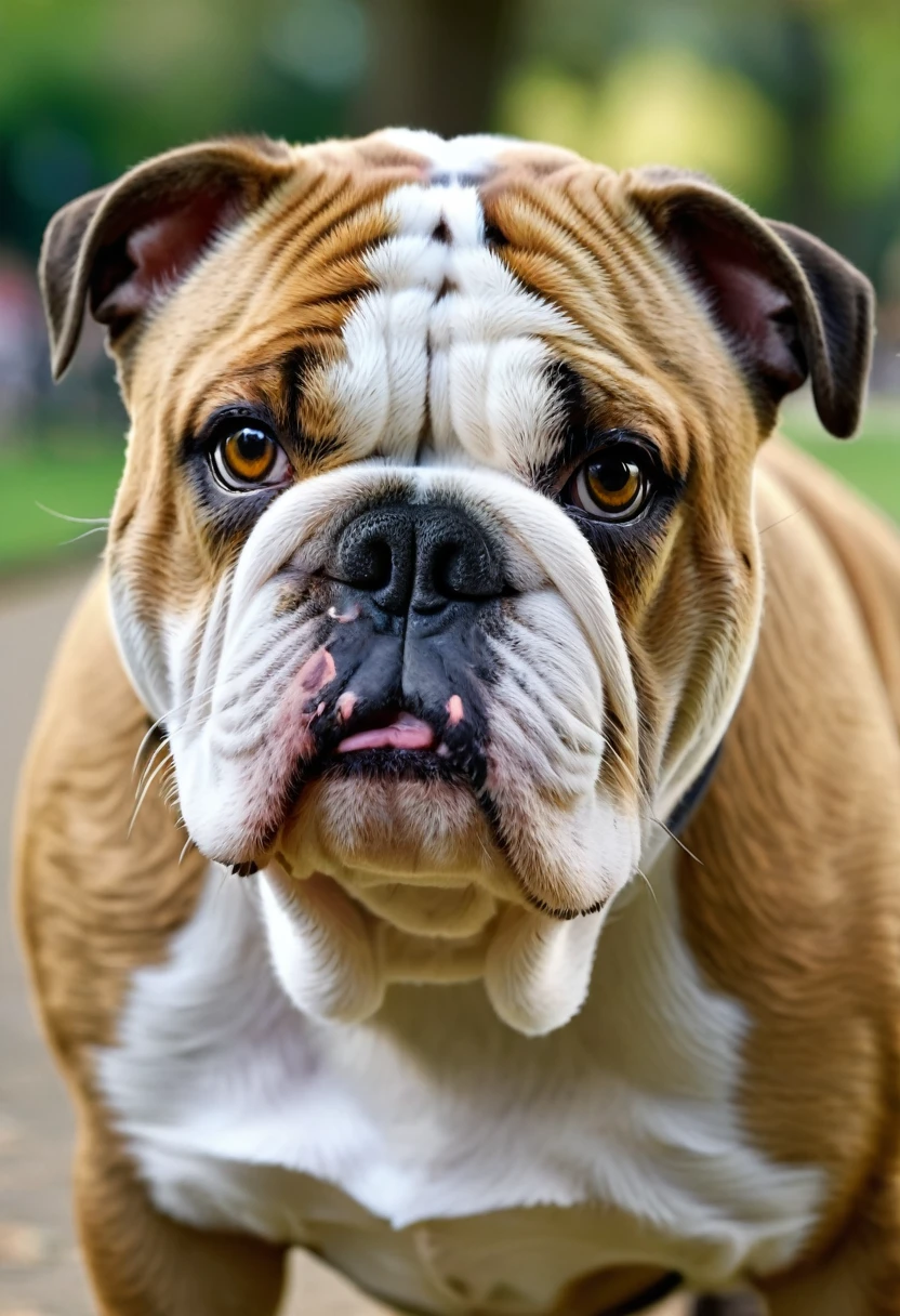 masterpiece, ultra realistic, UHD, 4k, a picture of a bulldog face, in a park. sharp focus, blurred background