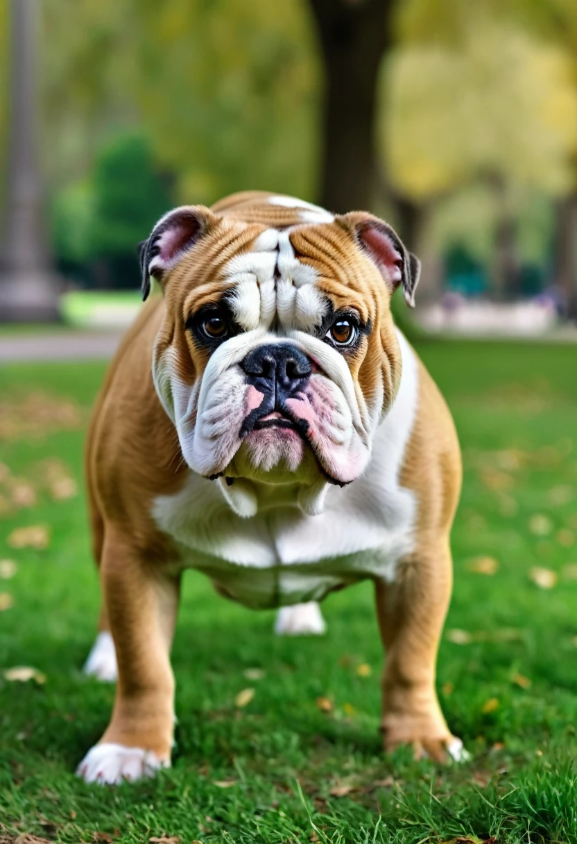 masterpiece, ultra realistic, UHD, 4k, a picture of a bulldog face, in a park. sharp focus, blurred background