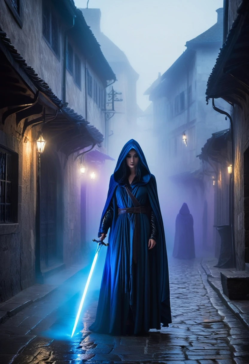 A dark and mysterious scene set in a foggy, narrow street of an ancient city. In the foreground, a female figure cloaked in a flowing, dark hooded robe stands with a glowing blue, ethereal sword. The figure's face is partially hidden by the hood, with long, flowing hair cascading down. The sword emits a powerful, magical blue aura. In the background, several shadowy figures with glowing purple eyes and similar cloaks are visible, adding to the eerie and mystical atmosphere. The setting is medieval with old buildings lining the street and banners hanging above. The overall mood is tense and magical, with an air of secrecy and impending confrontation.