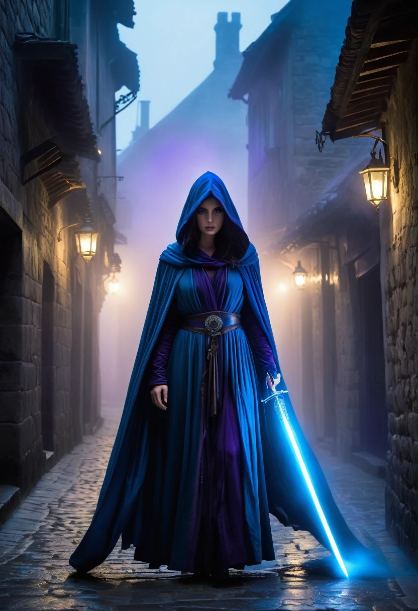 A dark and mysterious scene set in a foggy, narrow street of an ancient city. In the foreground, a female figure cloaked in a flowing, dark hooded robe stands with a glowing blue, ethereal sword. The figure's face is partially hidden by the hood, with long, flowing hair cascading down. The sword emits a powerful, magical blue aura. In the background, several shadowy figures with glowing purple eyes and similar cloaks are visible, adding to the eerie and mystical atmosphere. The setting is medieval with old buildings lining the street and banners hanging above. The overall mood is tense and magical, with an air of secrecy and impending confrontation.
