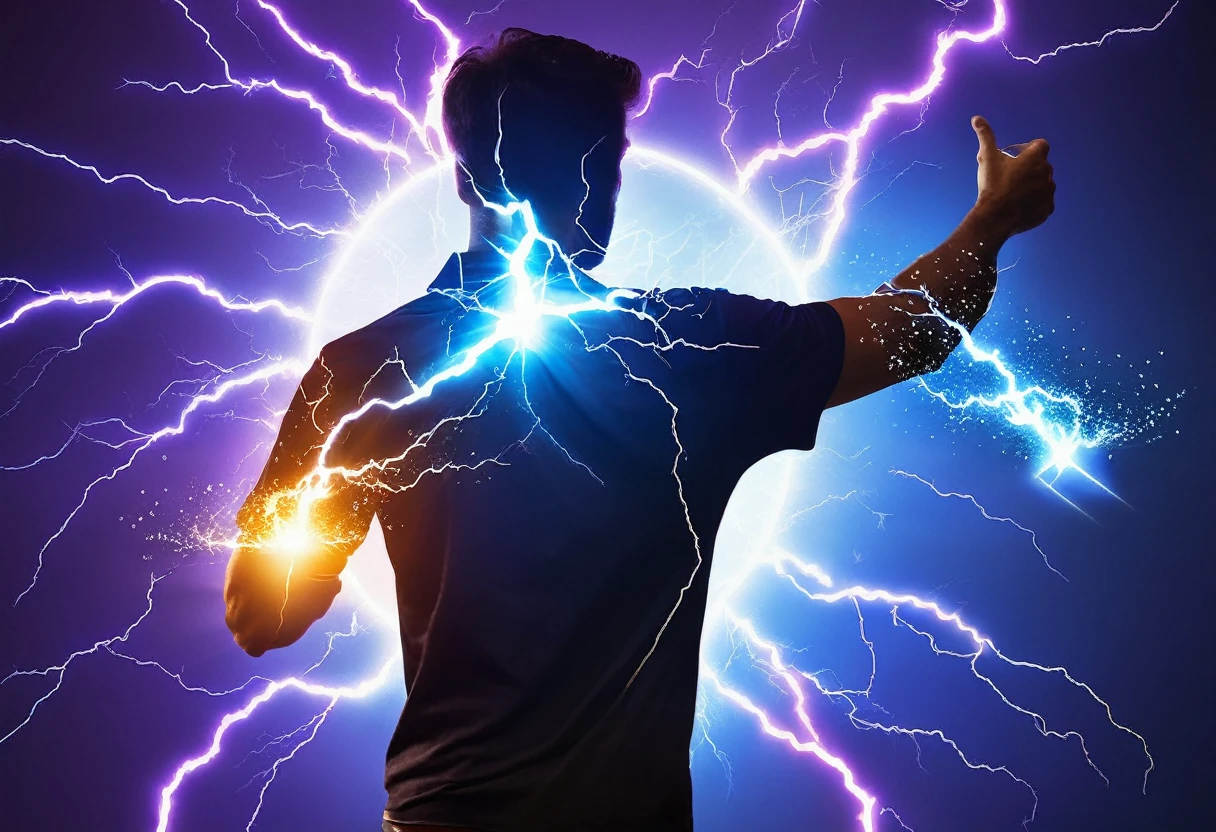 An electrifying scene of a person channeling energy, with lightning bolts in their hands, symbolizing amping up, and a double-down symbol (like a pair of dice) on their arm, ready to push forward with all their might 3d image
