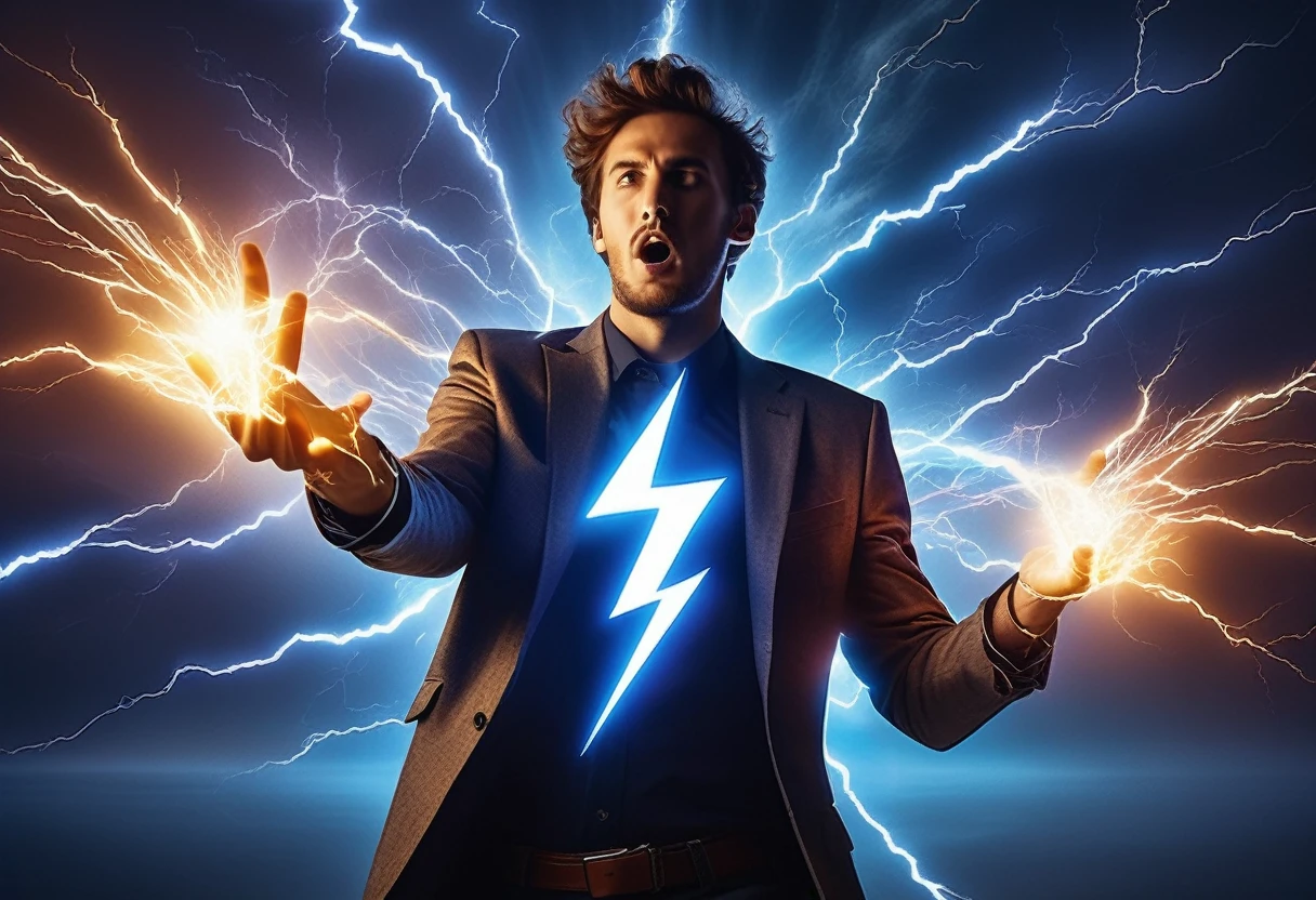 An electrifying scene of a person channeling energy, with lightning bolts in their hands, symbolizing amping up, and a double-down symbol (like a pair of dice) on their arm, ready to push forward with all their might 3d image