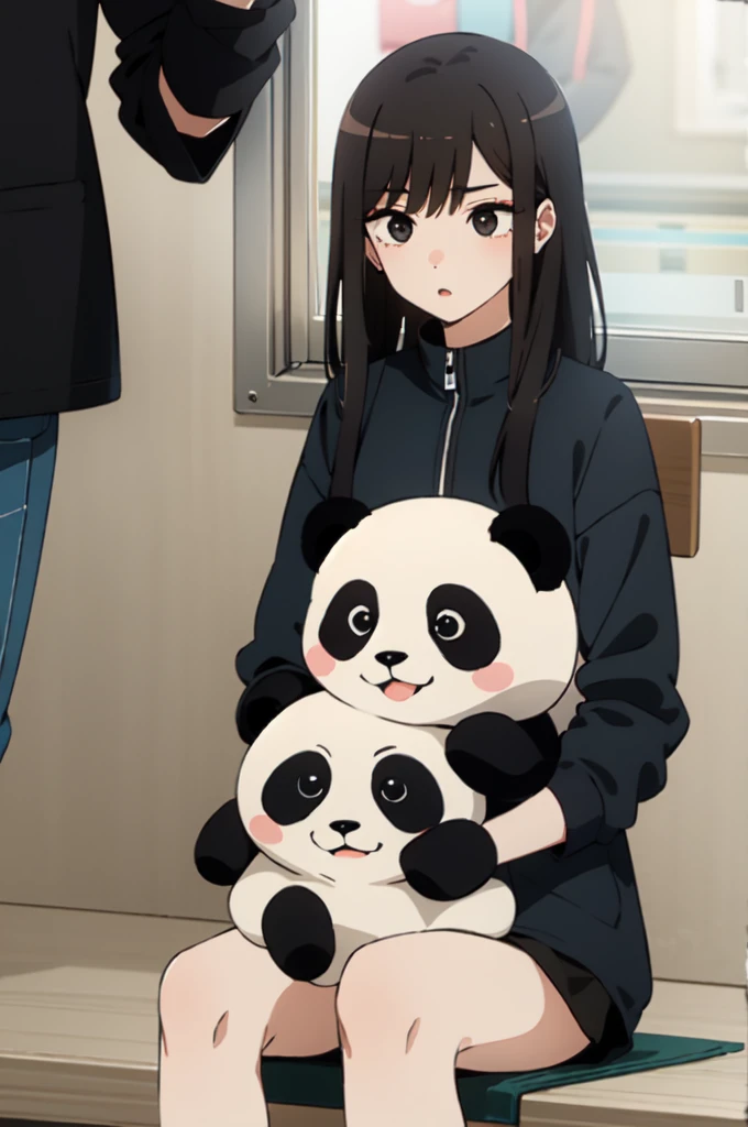 Boy, black eyes, Black hair, focus face, sitting, holding panda, back jaket, black shirt, Black short 