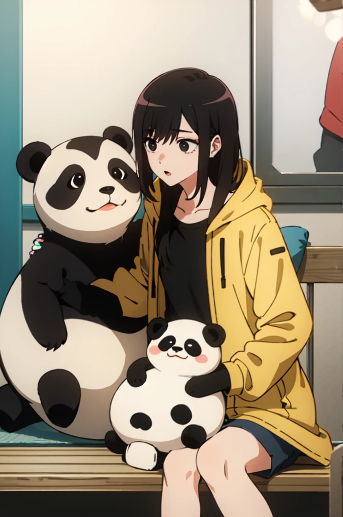 Boy, black eyes, Black hair, focus face, sitting, holding panda, back jaket, black shirt, Black short 