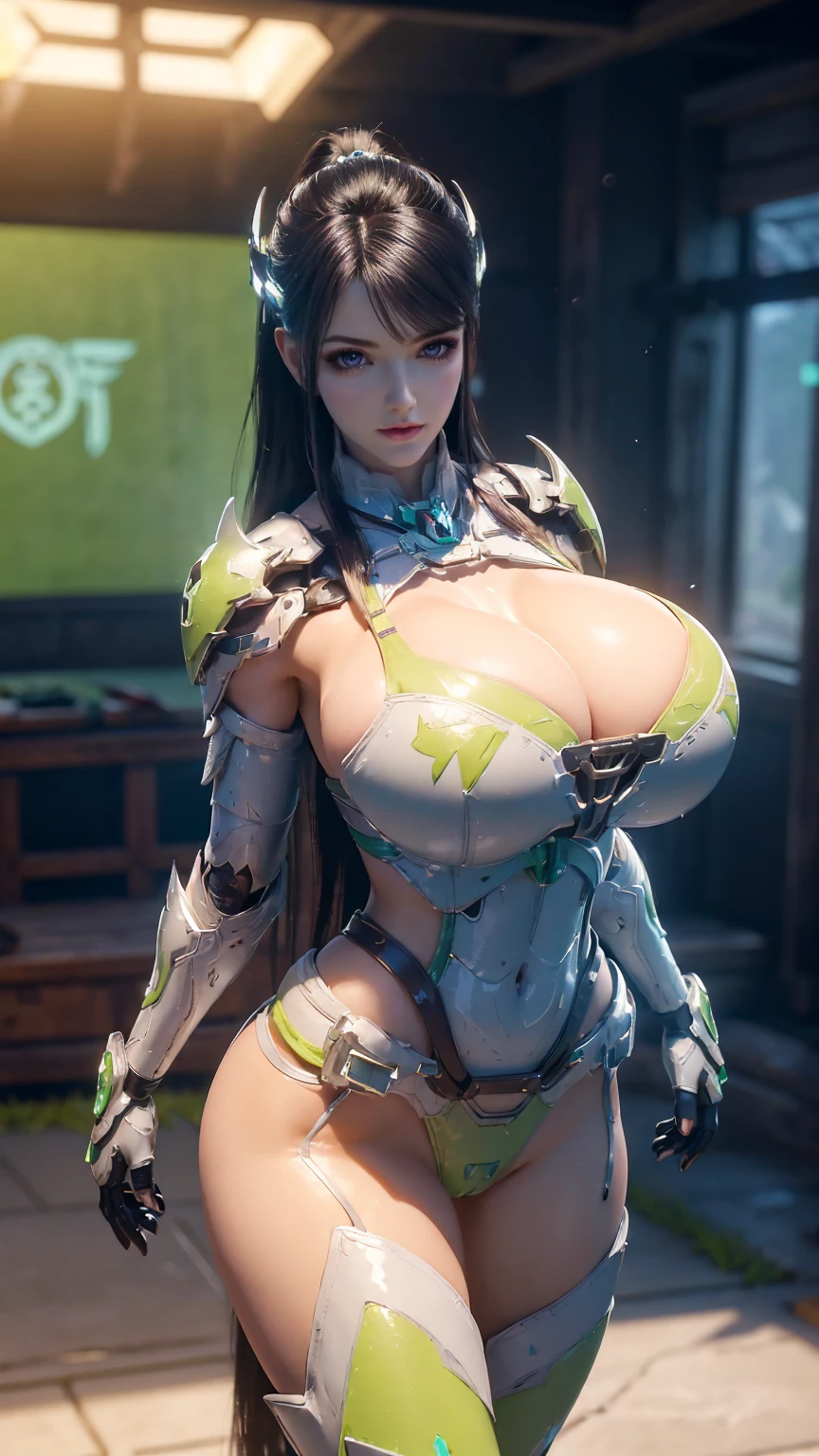 ((BUSTY MILF:1.3)), ((CLOSEUP UPPER BODY, SOLO, STANDING POSE, COWBOY SHOT:1.5)), ((GIGANTIC FAKE BREASTS:1.5)), ((CLEAVAGE, EXPOSE 11 LINE ABS, BIG BUTTOCK:1.5)), ((WEARING LIGHT GREEN MICRO G-SLINGSHOT BIKINI FROM OVERWATCH, IN FUTURISTIC ARMOR, GIRL IN MECHA CYBER ARMOR:1.5)), (WET ATHLETIC FEMALE BODY SHAPE:1.5), (CLEAN GLOSSY BODYSKIN:1.4), (BACKGROUND FUTURISTIC SPACE STATION:1), (PHOTOREALSITIC:1.4), (ULTRA-DETAILLIERT), (TOP-QUALITY), (BEST SHADOWS), BRIGHT LIGHT IN ROOM, HYPER TEXTURE, (4X MSAA), ((UNREAL ENGINE 5 RENDER)), (NEON), PHYSICALLY-BASED RENDERING, ULTRA HIGHT DEFINITION, 16K, 1080P.