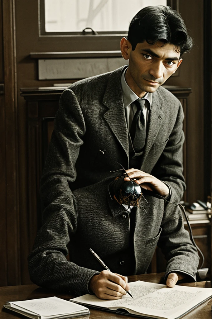 Draw Franz Kafka in his room writing and a huge beetle next to him.