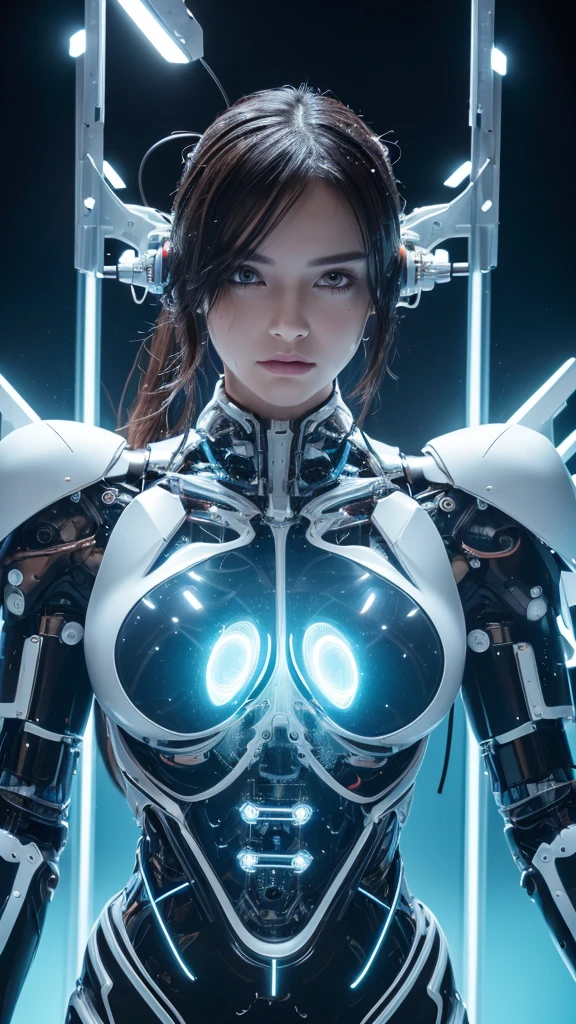 Female Android,Her whole wet body is visible, Large Breasts,She is naked from the waist down, (((She is in the water.))), (((see through body, Transparent glass body))), (((Clear images of your electronic systems))), Detailed Brain Vision, Many detailed connection lines, Mechanical Limbs, Tubes connected to machine parts, Mechanical vertebrae attached to the spine, Mechanical cervical attachment to the neck,Joints are mechanical,Wires and cables connected to the head, (((In a pool of white liquid)), cybernetics, cyber punk, Canon M50, 100mm, Sharp focus, Hyperrealism, Very detailed, Intricate details, whole body画像, Small glowing LED lamp, Global Illumination, Deep Shadow, Octane Rendering, 8K, Ultra Sharp, Metal, Exquisite decorative details, Baroque details, Very useful details, Realistic Light, To the camera, Neon Details, Complex body poses, (Android Factory Background), A breathtakingly beautiful female humanoid cyborg android, Transparent muscle, Impressive big eyes, Delicate features, Future SF, Complex transparent mechanical parts, Lots of glowing cybernetic implants, Active Pause, Surreal, Realistic, masterpiece, 8K, Very detailedな, Cinema Lighting, Dramatic Shadows, Vibrant colors, very saturated, Neon Highlights, Glowing Energy Field, Complex Machinery, Sleek and modern, State-of-the-art technology, Advanced AI, Seamless integration of organic and mechanical elements,Portraiture,Long Hair,whole body,Long legs,Wet Hair,Disheveled Hair,Transparent skin,