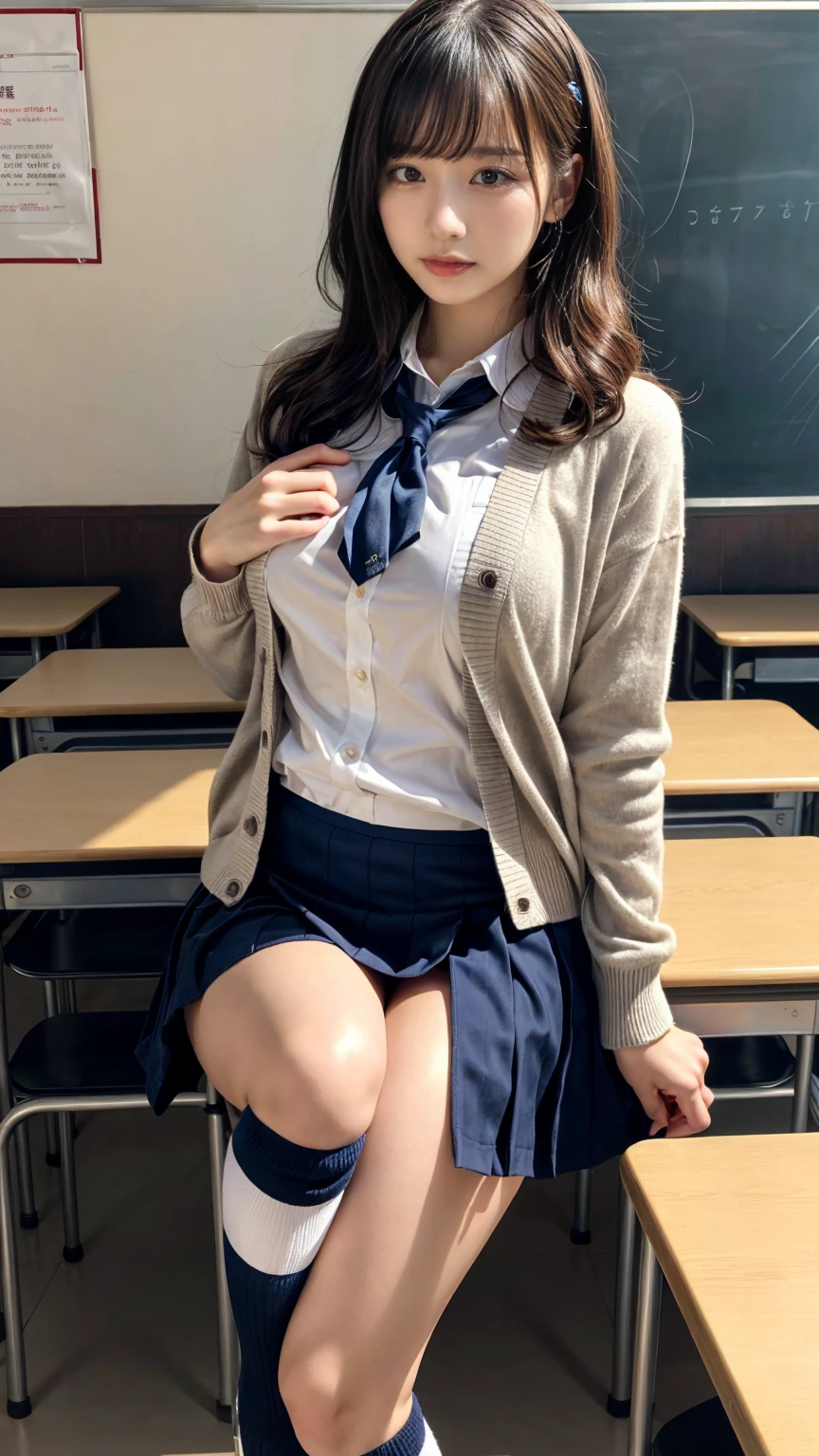 masterpiece, best quality, illustration, Super detailed, fine details, High resolution, 8K,wall paper, perfect dynamic composition,(Details High quality, realistic depiction of eyes:1.3), High School Classroom、High school girl uniform、Cardigan、Super Short Check Uniform Skirt、Navy blue high socks、garterbelts、Colossal tits、Disturbed uniform、short bob hair, black hair color, Big Natural Color Lip, bold sexy pose, (perfect body shape), crying a little、Harajuku style、20 year old girl、cute type, beautiful legs, hposing Gravure Idol, Voluptuous thighs