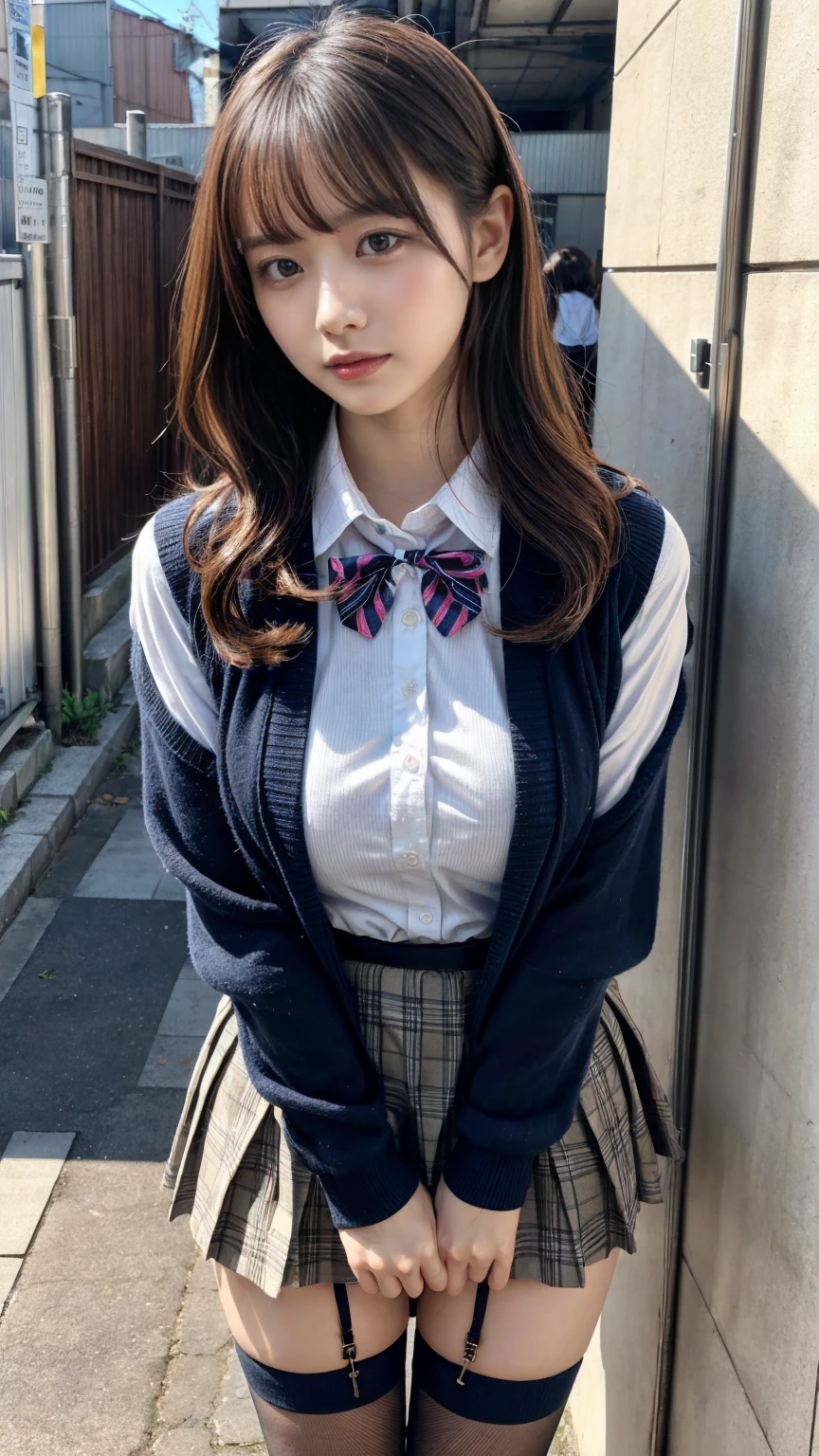 masterpiece, best quality, illustration, Super detailed, fine details, High resolution, 8K,wall paper, perfect dynamic composition,(Details High quality, realistic depiction of eyes:1.3), short hair, (wavy hair:1.2), Layered Cut, High School Classroom、High school girl uniform、Cardigan、Super Short Check Uniform Skirt、Navy blue high socks、garterbelts、Colossal tits、Disturbed uniform、, black hair color, Big Natural Color Lip, bold sexy pose, (perfect body shape), crying a little、cold gaze, Harajuku style、20 year old girl、cute type, beautiful legs, hposing Gravure Idol, Voluptuous thighs
