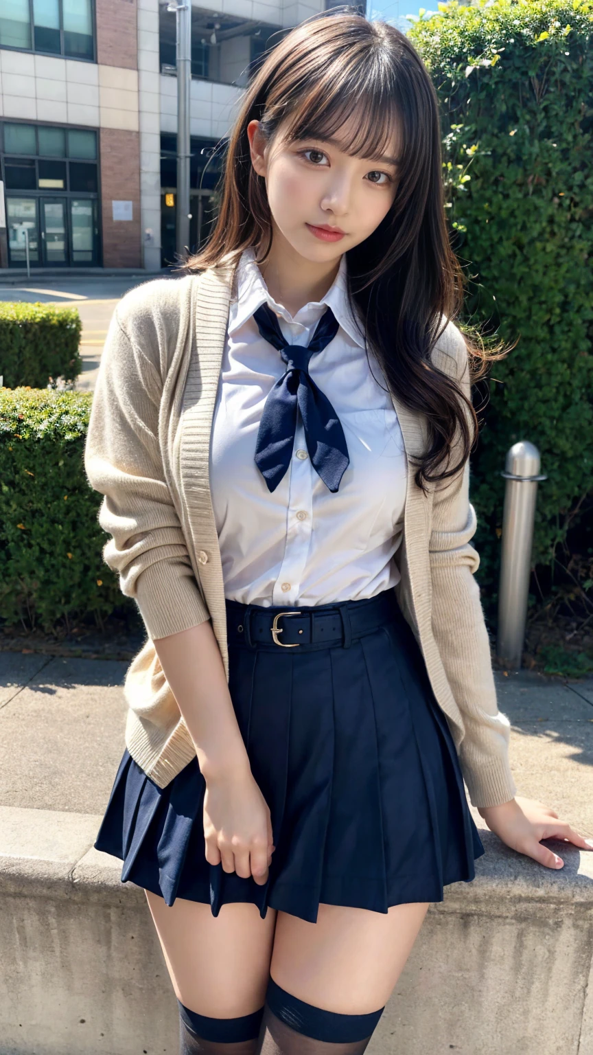 masterpiece, best quality, illustration, Super detailed, fine details, High resolution, 8K,wall paper, perfect dynamic composition,(Details High quality, realistic depiction of eyes:1.3), short hair, (wavy hair:1.2), Layered Cut, High School Classroom、High school girl uniform、Cardigan、Super Short Check Uniform Skirt、Navy blue high socks、garterbelts、Colossal tits、Disturbed uniform、, black hair color, Big Natural Color Lip, bold sexy pose, (perfect body shape), crying a little、cold gaze, Harajuku style、20 year old girl、cute type, beautiful legs, hposing Gravure Idol, Voluptuous thighs