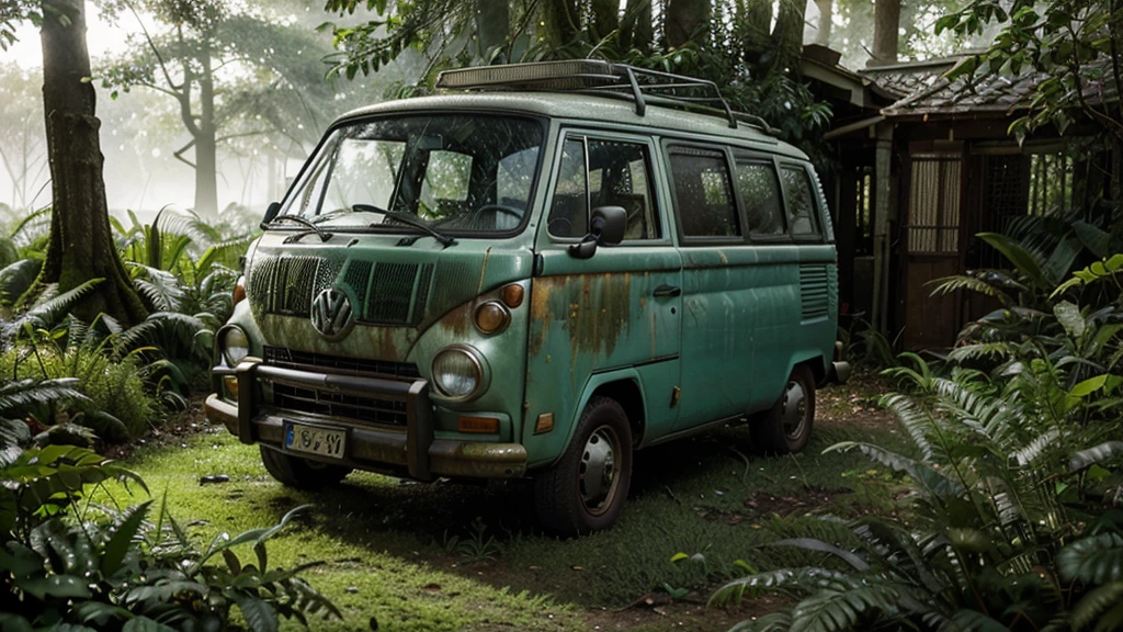 a highly detailed isometric shot of an abandoned 1970s volkswagen van in an overgrown garden, hyperrealistic, ultra-detailed, vibrant colors, realistic lighting, cinematic composition, dramatic shadows and lighting, photorealistic, volumetric fog, detailed foliage and overgrown plants, moss-covered surfaces, weathered and rusted textures, depth of field, bokeh, award-winning photograph