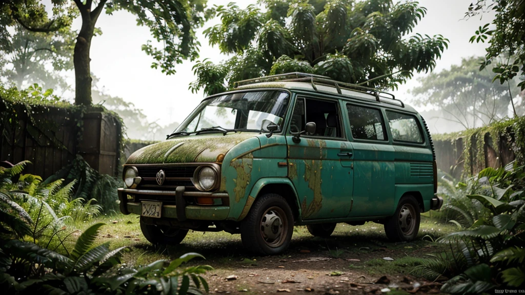a highly detailed isometric shot of an abandoned 1970s volkswagen van in an overgrown garden, hyperrealistic, ultra-detailed, vibrant colors, realistic lighting, cinematic composition, dramatic shadows and lighting, photorealistic, volumetric fog, detailed foliage and overgrown plants, moss-covered surfaces, weathered and rusted textures, depth of field, bokeh, award-winning photograph