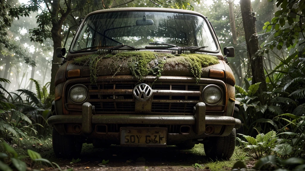 a highly detailed isometric shot of an abandoned 1970s volkswagen van in an overgrown garden, hyperrealistic, ultra-detailed, vibrant colors, realistic lighting, cinematic composition, dramatic shadows and lighting, photorealistic, volumetric fog, detailed foliage and overgrown plants, moss-covered surfaces, weathered and rusted textures, depth of field, bokeh, award-winning photograph