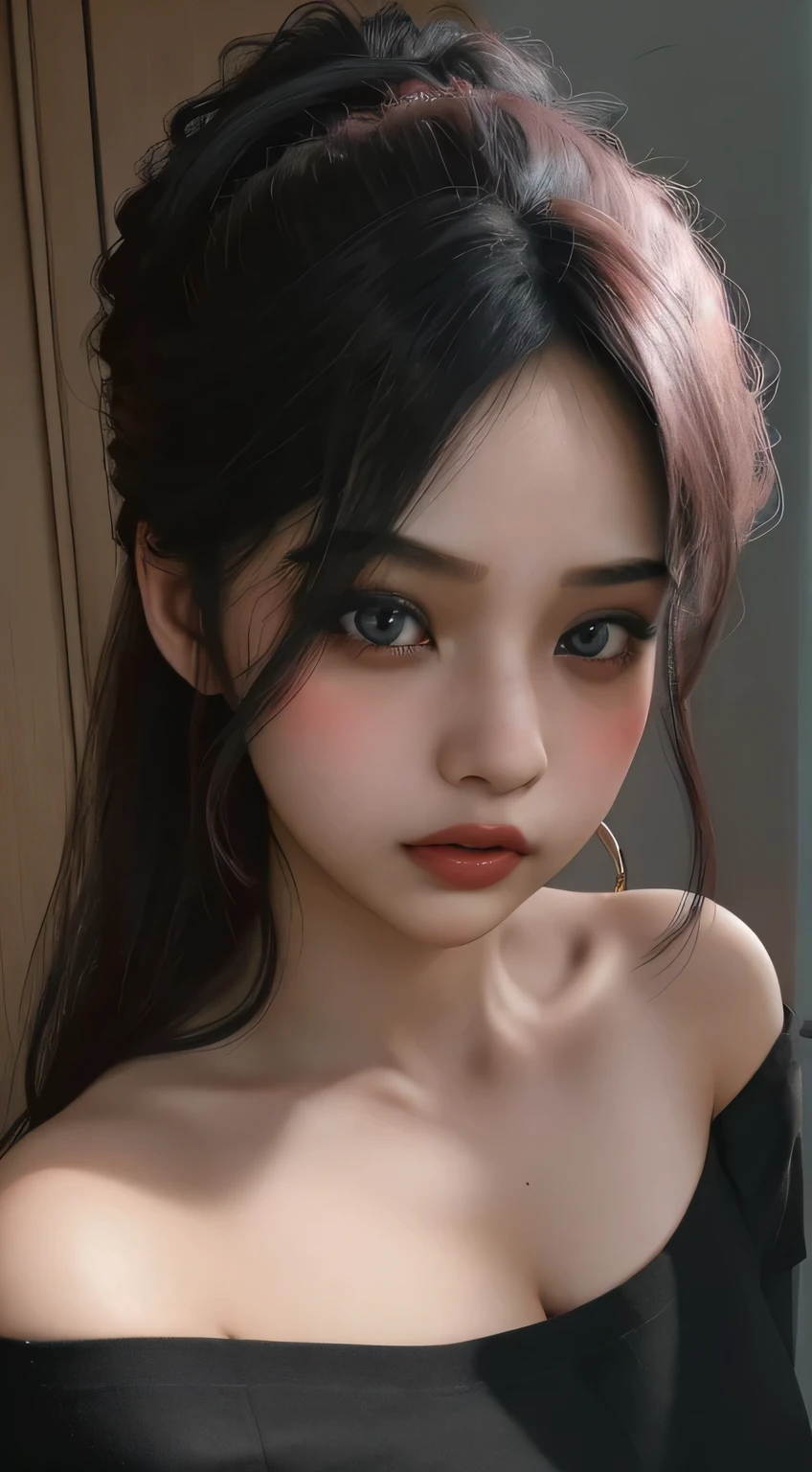 Amazing portrait of a sexy woman with a beautiful face emphasised by amazing makeup and black hair and seductive eyes in an intense gaze with her mouth parted and a deep blush on her face as she's flustered wearing an off shoulder t shirt