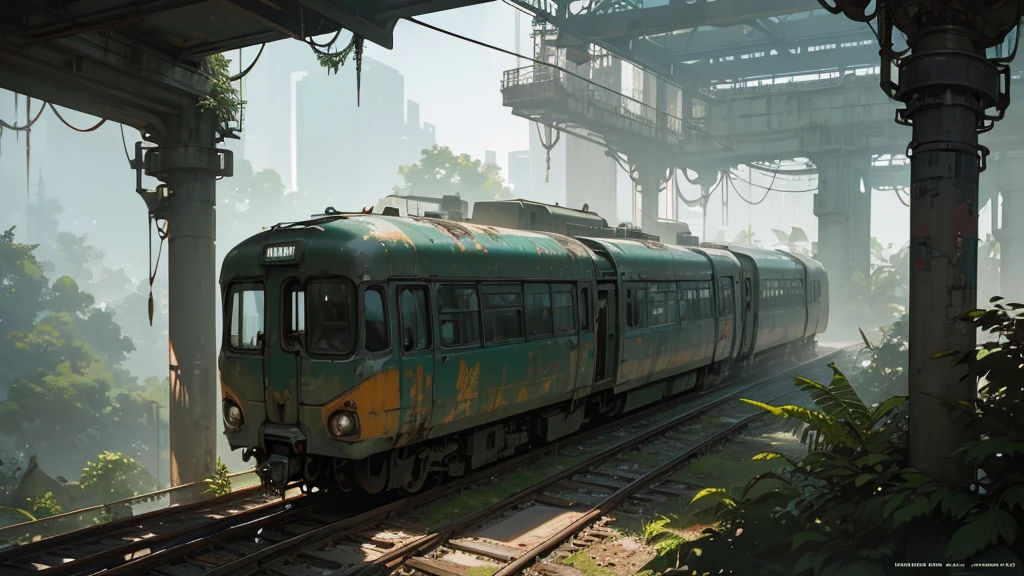 a futuristic and abandoned train station in a european jungle, cyberpunk style, aerial view, intricate details, highly detailed, 8k, photorealistic, cinematic lighting, moody atmosphere, overgrown vegetation, decaying infrastructure, neon lights, rusty metal, steam punk elements, glowing panels, advanced technology, complex machinery, futuristic architecture, dramatic shadows, vibrant colors
