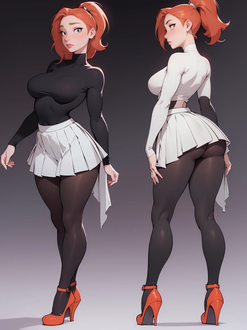 photo of a ginger  girl, freckled face, face freckles, rosy, contemptuous look, 1 girl, solo, full body view, ponytail haircut,pale skin, big round , stand sexy pose, beautiful, ((pleated skirt with black tights under skirt)), ((oversized black sweater)), black high heel shoes
