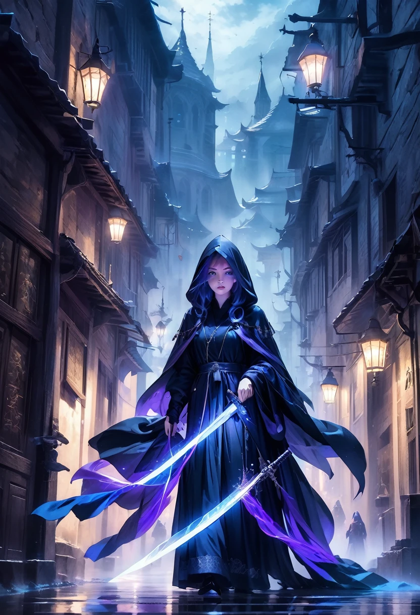 A dark and mysterious scene set in a foggy, narrow street of an ancient city. In the foreground, a female figure cloaked in a flowing, dark hooded robe stands with a glowing blue, ethereal sword. The figure's face is partially hidden by the hood, with long, flowing hair cascading down. The sword emits a powerful, magical blue aura. In the background, several shadowy figures with glowing purple eyes and similar cloaks are visible, adding to the eerie and mystical atmosphere. The setting is medieval with old buildings lining the street and banners hanging above. The overall mood is tense and magical, with an air of secrecy and impending confrontation.