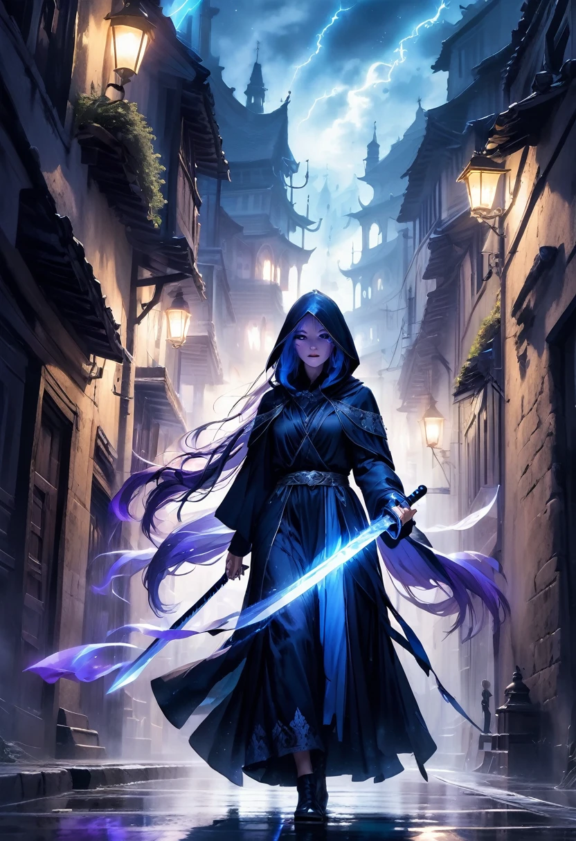 A dark and mysterious scene set in a foggy, narrow street of an ancient city. In the foreground, a female figure cloaked in a flowing, dark hooded robe stands with a glowing blue, ethereal sword. The figure's face is partially hidden by the hood, with long, flowing hair cascading down. The sword emits a powerful, magical blue aura. In the background, several shadowy figures with glowing purple eyes and similar cloaks are visible, adding to the eerie and mystical atmosphere. The setting is medieval with old buildings lining the street and banners hanging above. The overall mood is tense and magical, with an air of secrecy and impending confrontation.