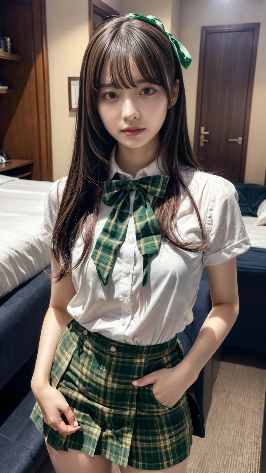 masterpiece, best quality, illustration, Super detailed, fine details, High resolution, 8K,wall paper, perfect dynamic composition,(Details High quality, realistic depiction of eyes:1.3), straight hair, ,white shirt), green plaid short skirt, green ribbon, black hair color, Big Natural Color Lip, hotel room, crying a little、 Harajuku style、20 year old girl、cute type、ta, Gravure Idol, full body photo、focus on crotch, huge breasts
