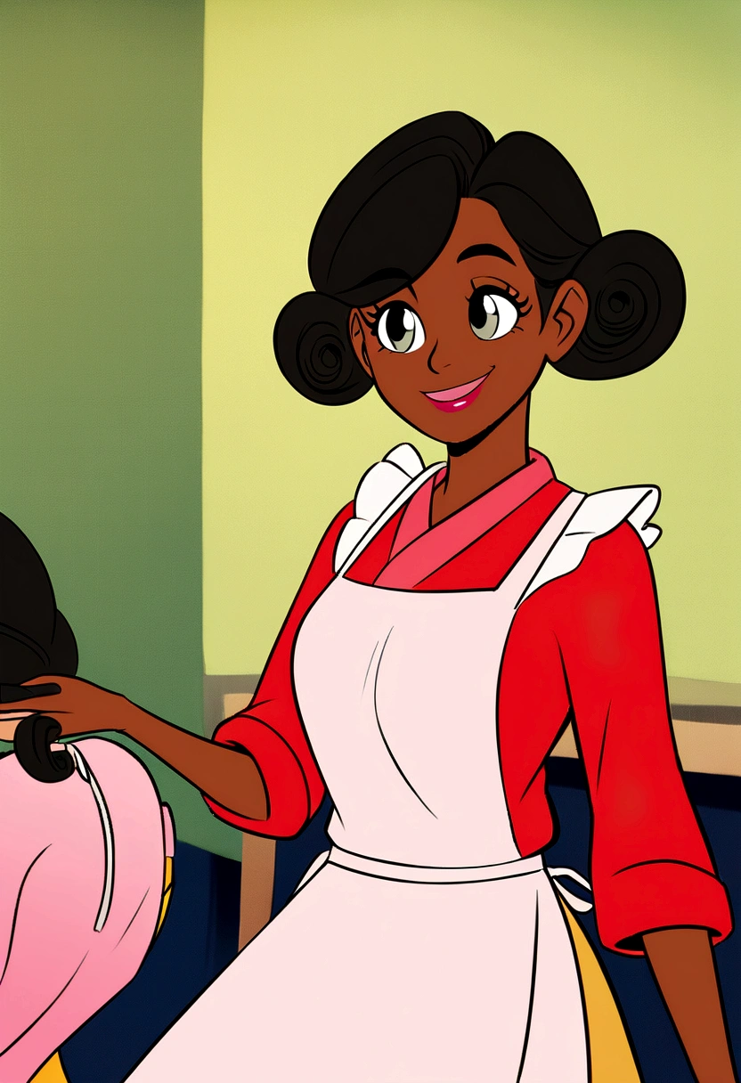 An illustration of a black woman, expressive eyes, hair is curly, short and black. she is smiling and wearing a hairdresser's apron. The background of the image could be a beauty salon. Develop this art in Full HD, Focus on your cinematic touch, Disney Pixar Animations Style