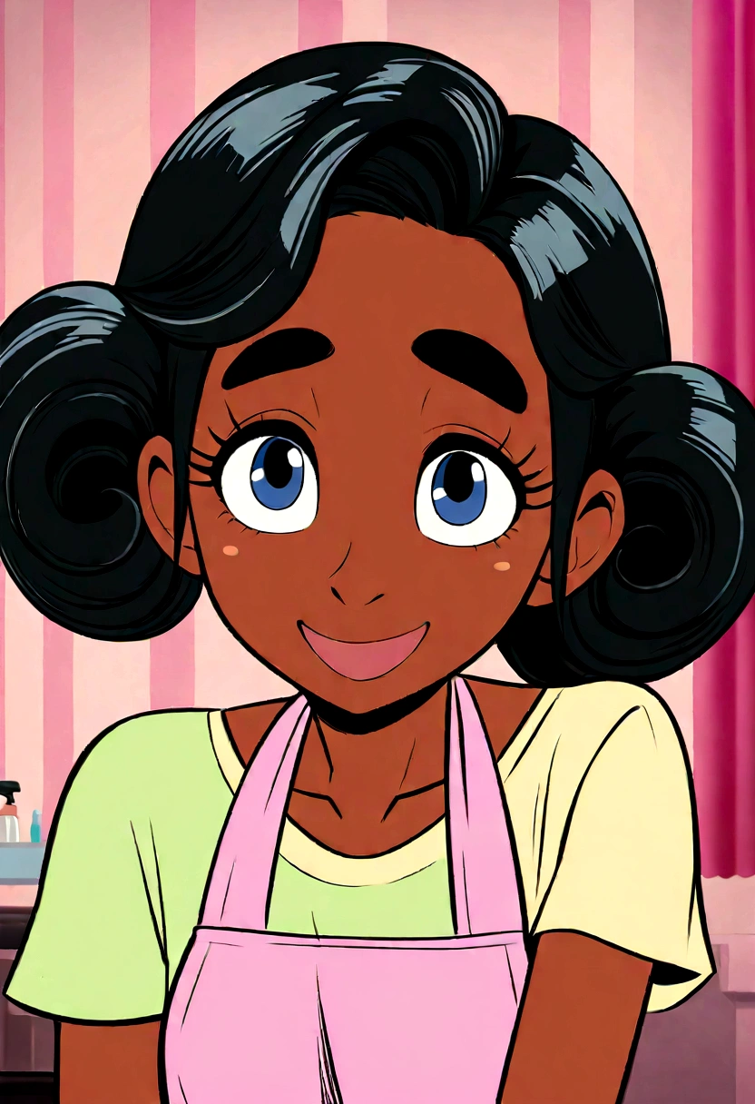 An illustration of a black woman, expressive eyes, hair is curly, short and black. she is smiling and wearing a hairdresser's apron. The background of the image could be a beauty salon. Develop this art in Full HD, Focus on your cinematic touch, Disney Pixar Animations Style