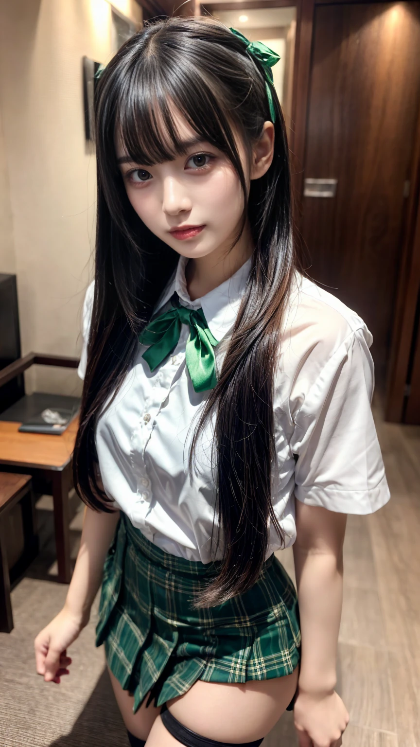 masterpiece, best quality, illustration, Super detailed, fine details, High resolution, 8K,wall paper, perfect dynamic composition,(Details High quality, realistic depiction of eyes:1.3), straight hair, ,white shirt), green plaid short skirt, green ribbon, black hair color, Big Natural Color Lip, hotel room, crying a little、 Harajuku style、20 year old girl、cute type、ta, Gravure Idol, full body photo、focus on crotch, huge breasts