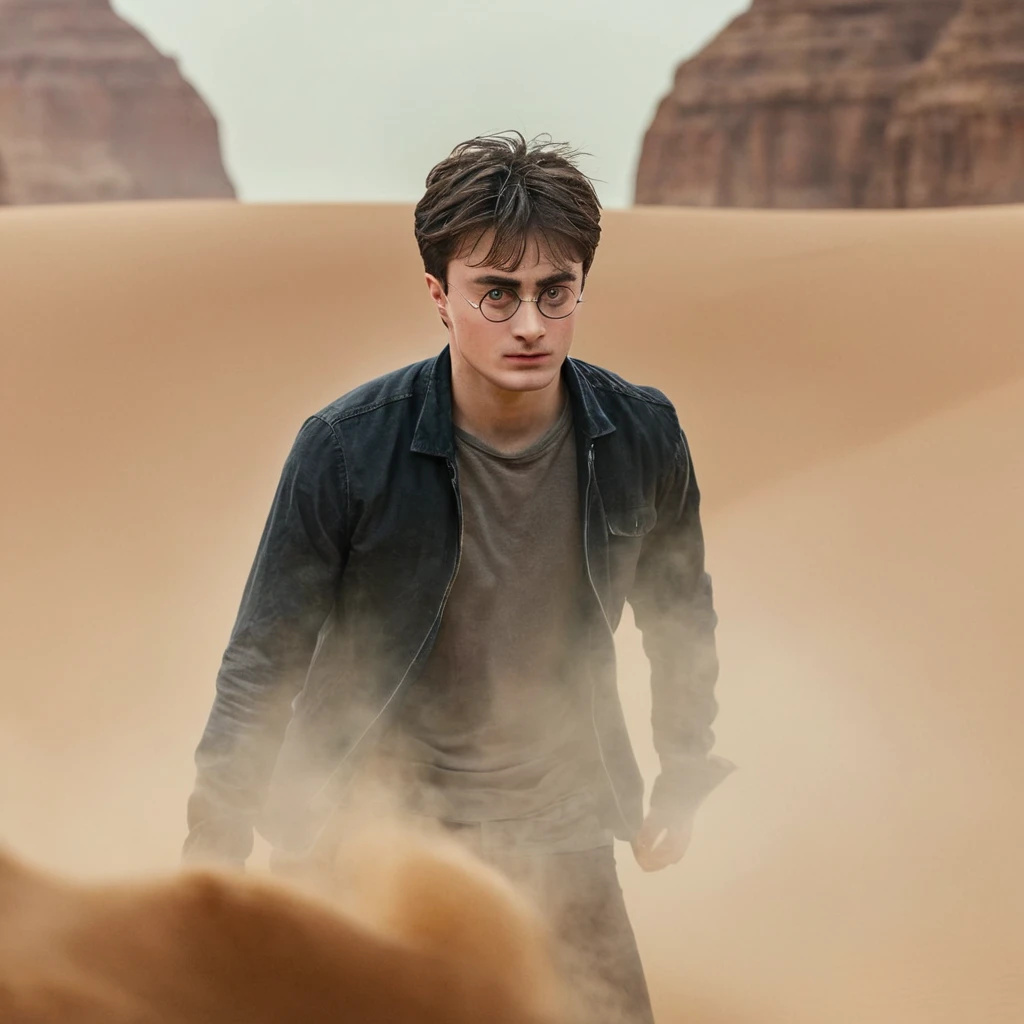 Harry Potter, sueur abondante, goutte de sueur sur le front, haletant, dans un désert vide, au loin, fatigué, à bout de souffle (Image 4K) (la plus haute qualité)