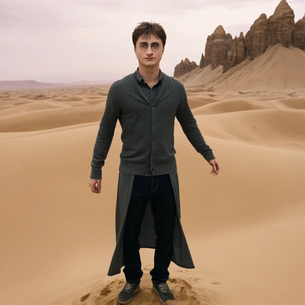 Harry Potter, sueur abondante, goutte de sueur sur le front, haletant, dans un désert vide, au loin, fatigué, à bout de souffle (Image 4K) (la plus haute qualité)